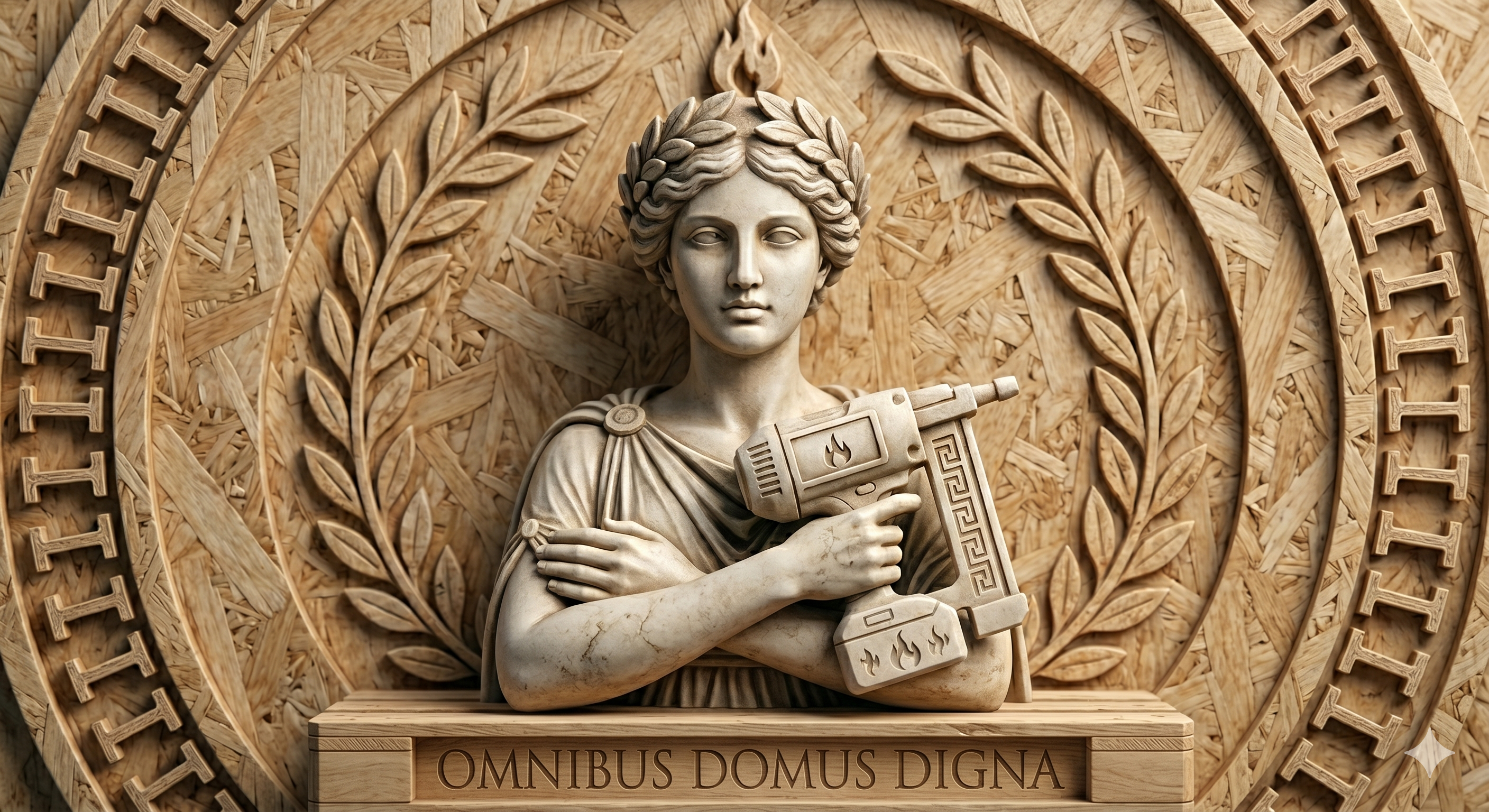 Hestia - Omnibus Domus Digna. A home worthy of everyone, carved in wood relief.